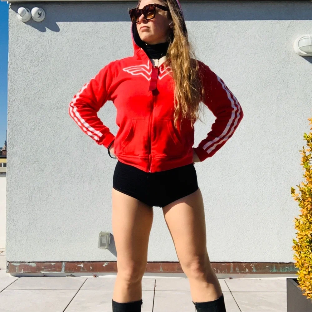 Vintage 2in1 Wonder Woman Red White Blue Star Stripe Double Side Turning Hoodie - Picture 5 of 16